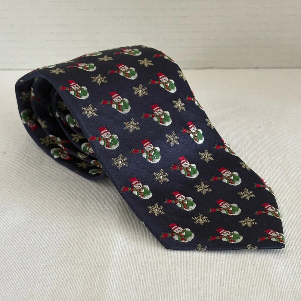 IZOD Mens Christmas Snowman Snowflake Necktie Navy Blue 100%‎ Silk